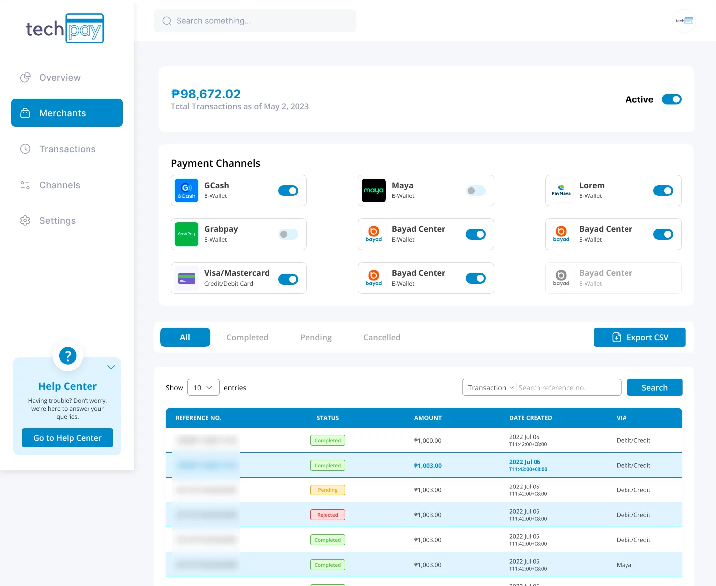 Techpay Dashboard Page